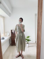 【限時高質款現貨】CPMAE-2253 khaki - Natural Wrinkled V-neck Dress with belt
